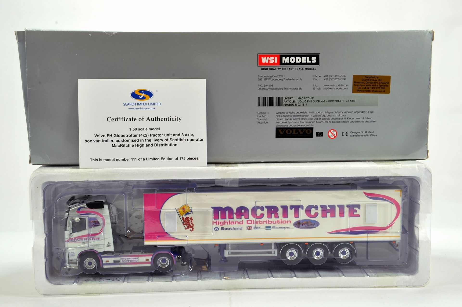 WSI 1/50 Diecast Truck Issue Comprising Volvo FH Globetrotter Box Trailer in Livery of MacRitchie.