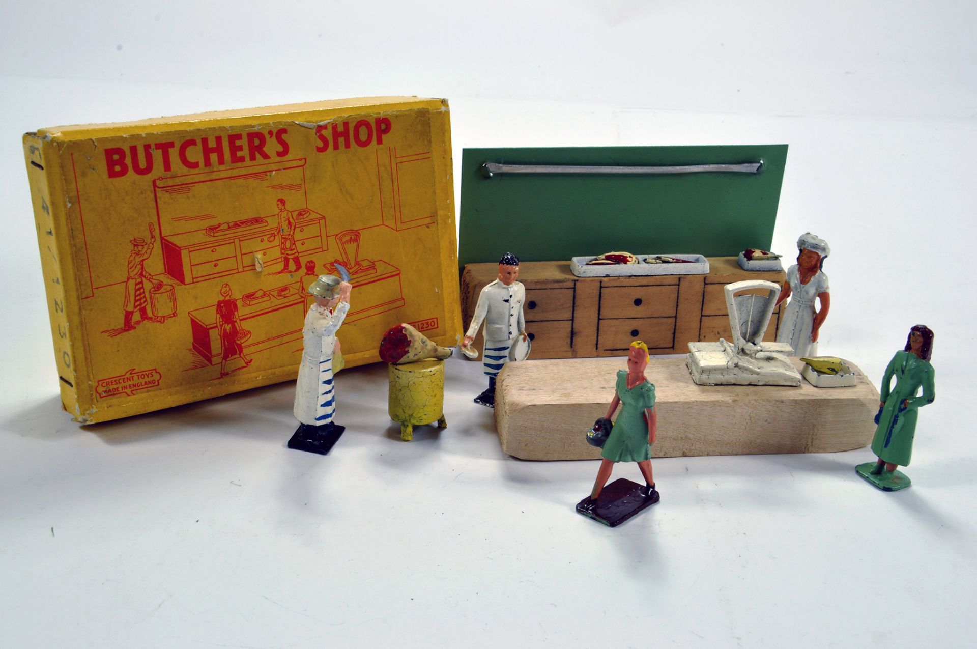 Crescent Set No. 1230 The Butchers Shop comprising Complete set of Wooden Unit with Tin Back Wall,