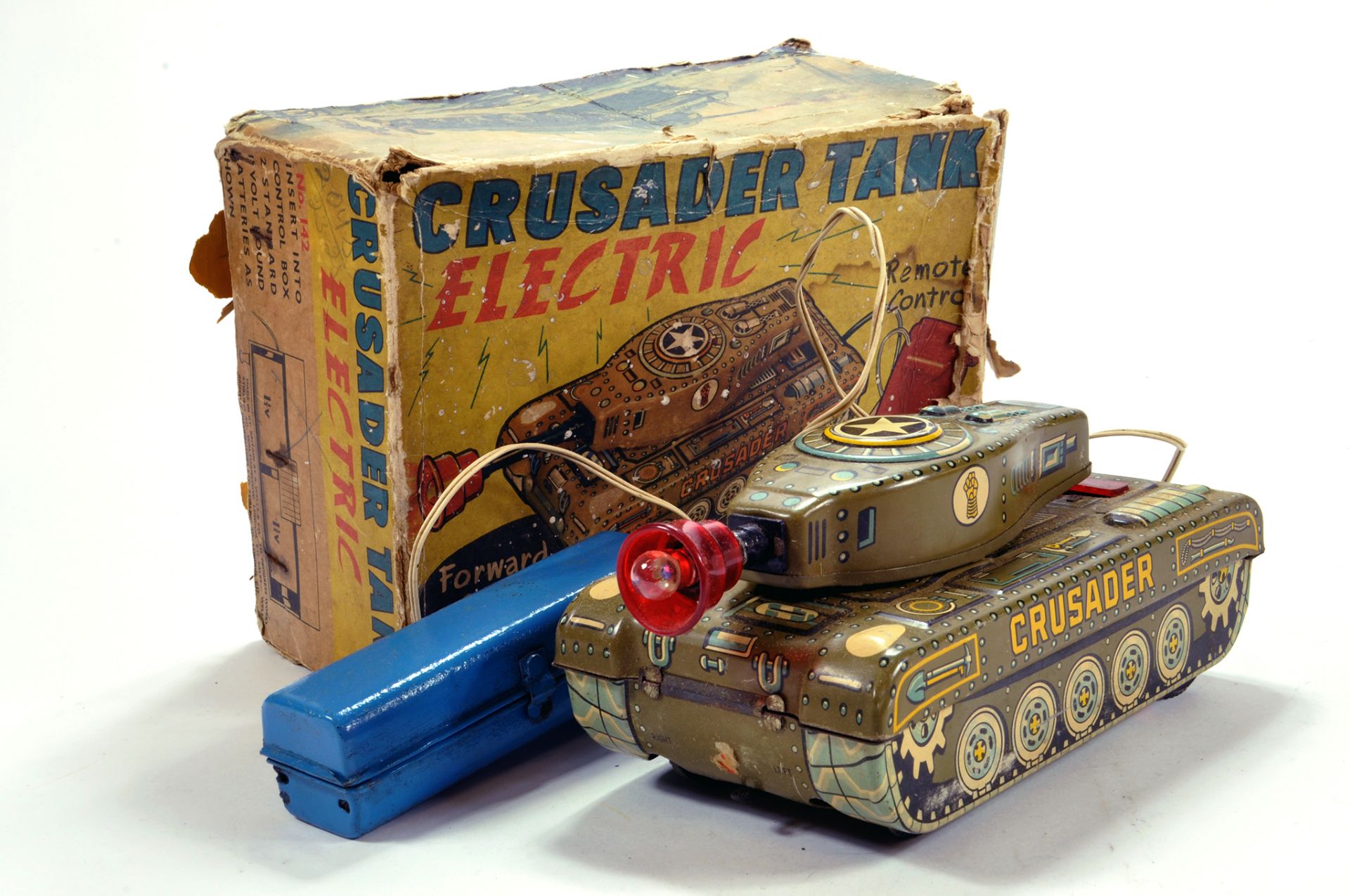 Wells Brimtoy Battery Operated Tin Plate Crusader Tank. Untested but appears VG in F Box.