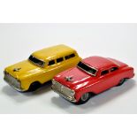 Duo of Japanese Made Tin Plate Fricton Driven Vehicles. Red and Yellow issues. Generally G. (2)