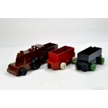 Hard to find Chad Valley Bakelite issue Railway Toys including Locomotive and Wagons. Generally VG