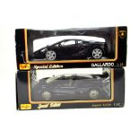 Maisto 1/18 diecast duo comprising Lamborghini Gallardo plus Jaguar XJ220 issues. E to NM in