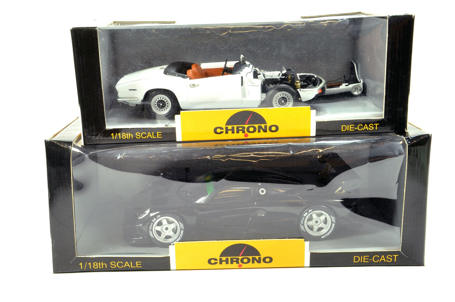 Chrono 1/18 diecast duo comprising Lotus issues. Some repair needed on one otherwise E in Boxes. (