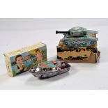 Diaya (Japan) Tin Issue Sparkling Tank plus highly unusal Pakistan tin toy comprising Baby Boat.