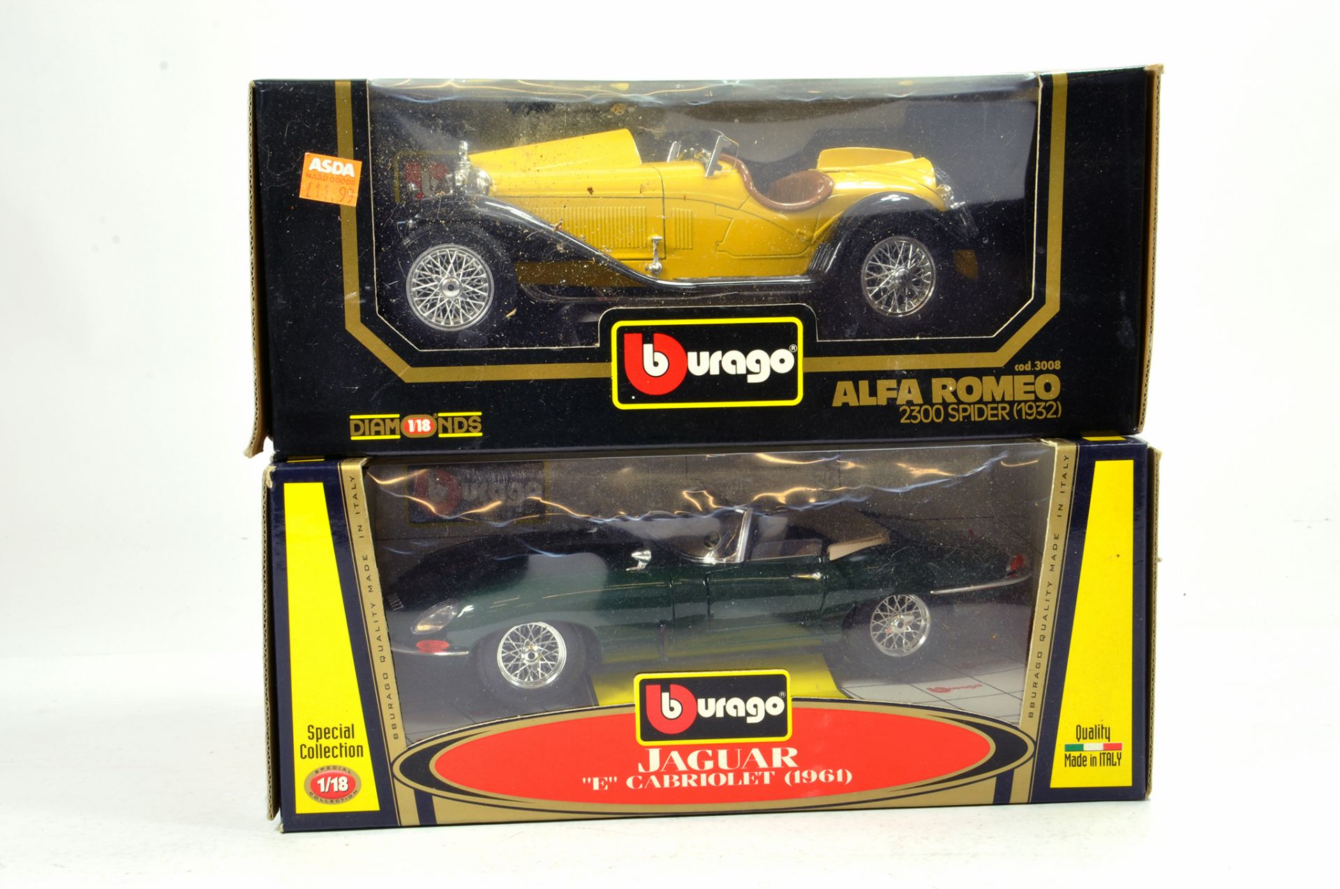 Burago 1/18 diecast duo comprising Alfa Romeo 2300 Spider and Jaguar E Type issues. E to NM in