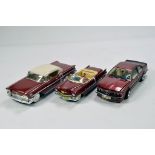 Trio of hand built plastic car models (from kits). Display well but attention needed. (3)