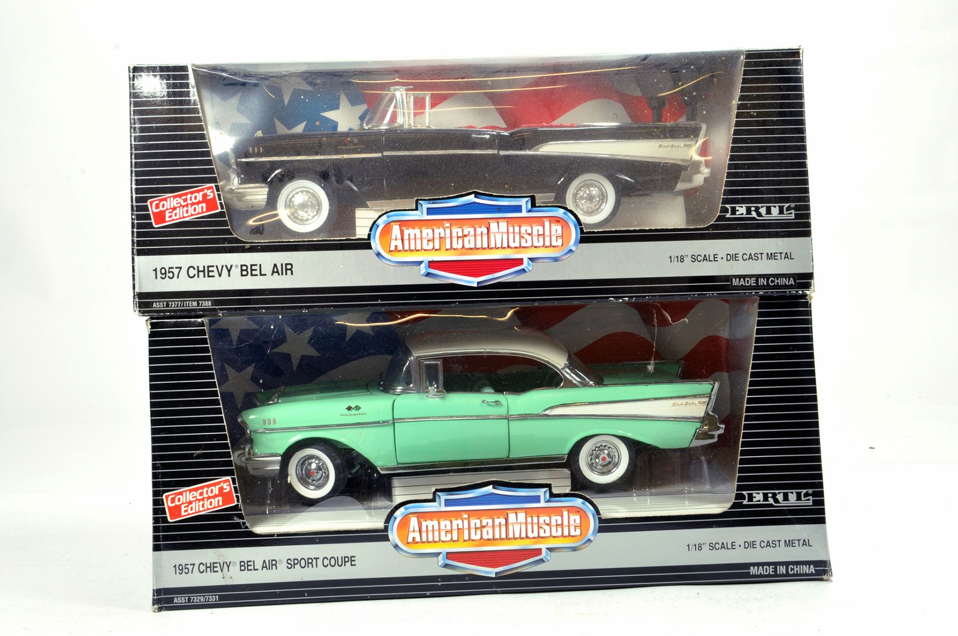 Ertl 1/18 diecast issues comprising American Muscle Series Chevy Bel Air duo. E to NM in Boxes. (2)