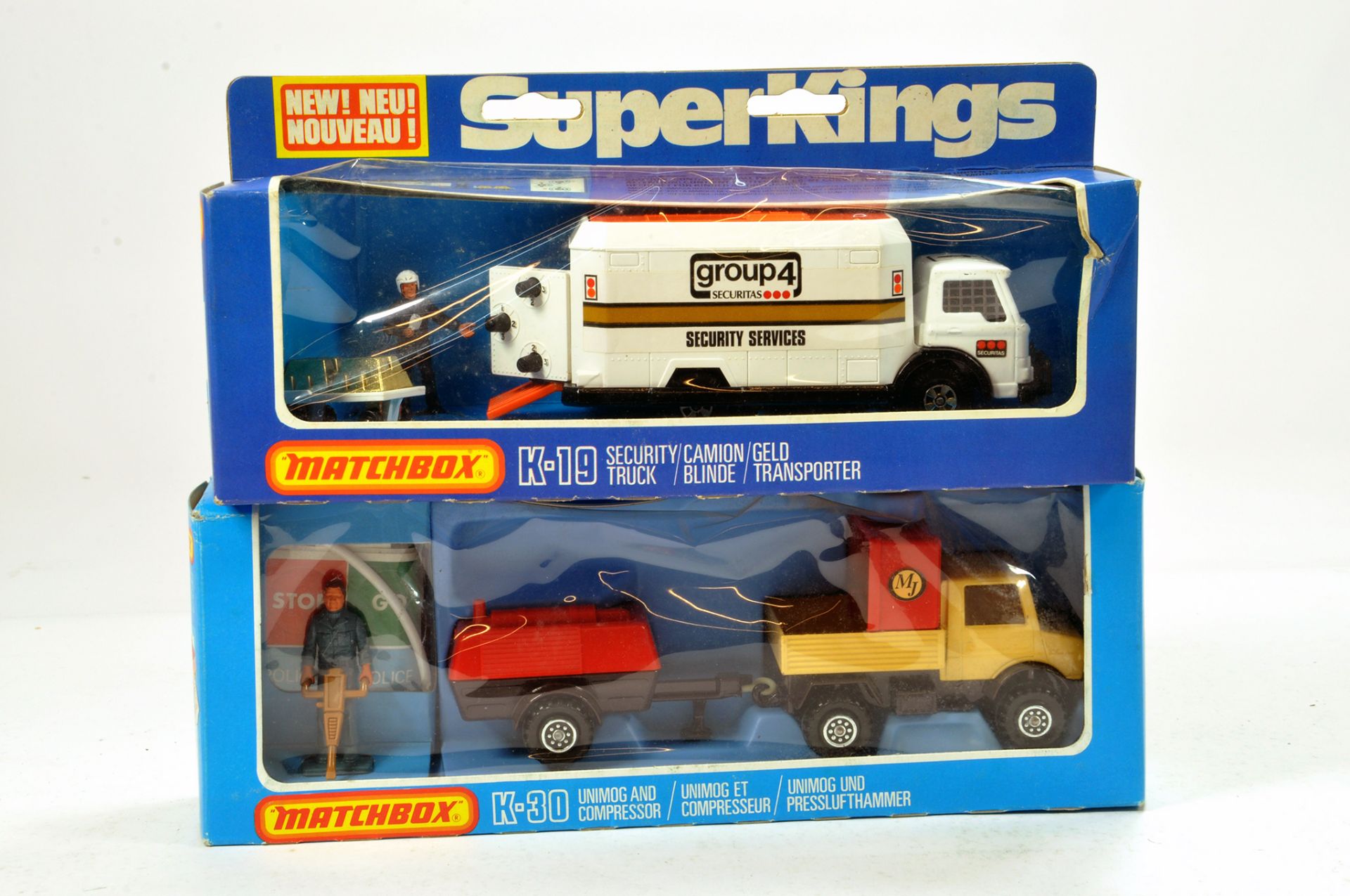 Matchbox Superkings No. K-19 Security Truck plus K-30 Unimog and Compressor. E to NM in VG Boxes. (