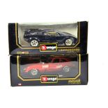 Burago 1/18 diecast duo comprising Lamborghini Countach and Jaguar E-Type. E to NM in Boxes. (2)