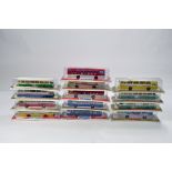 A large group of Majorette diecast bus coach issues with various liveries. NM. (13)