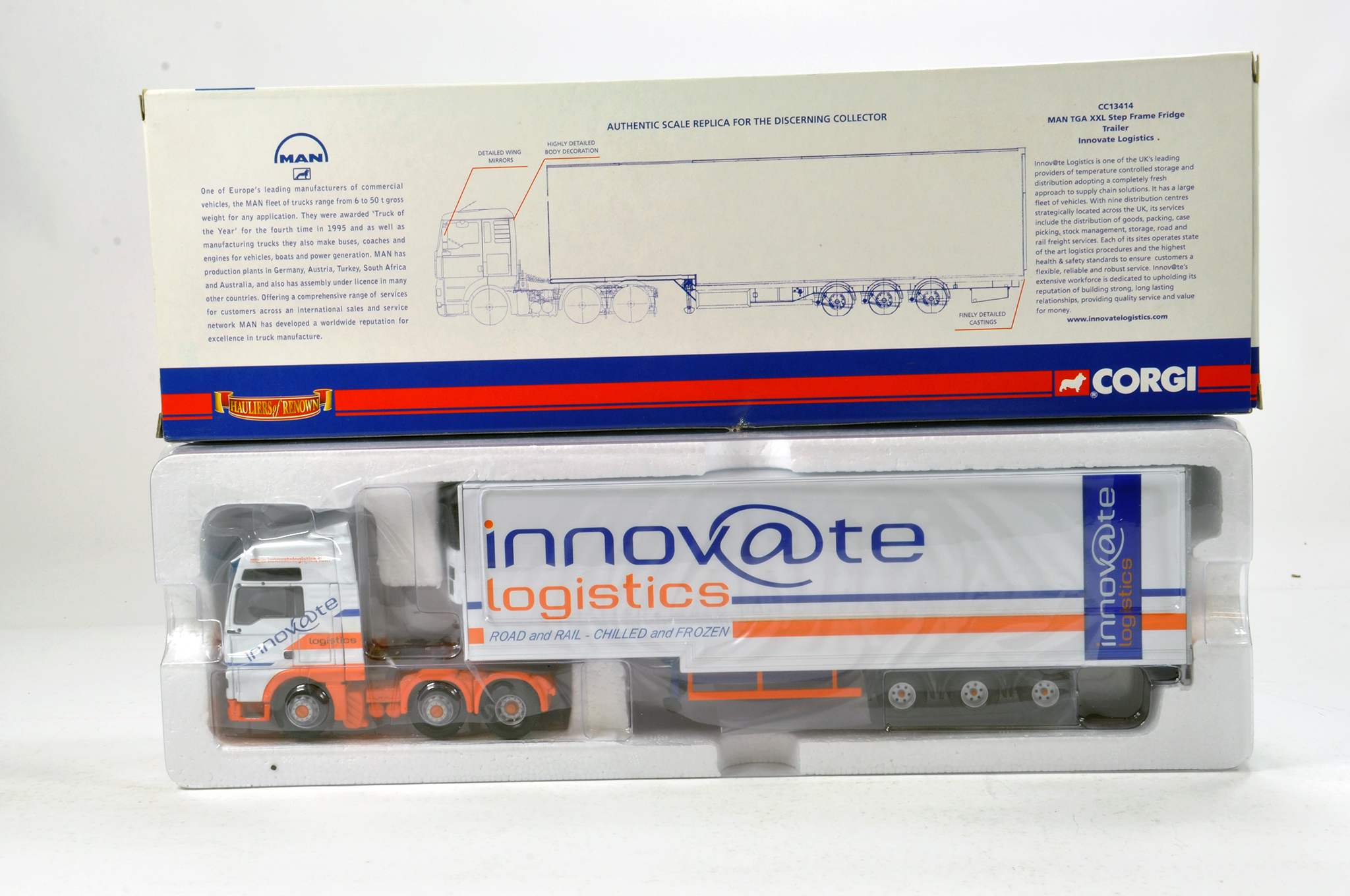 Corgi 1/50 Diecast Truck Issue comprising No. CC13414 MAN TGA Step Fridge Trailer in livery of