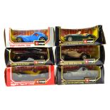 A group of Burago 1/24 diecast cars comprising various issues. Geneally E to NM in Boxes. (6)