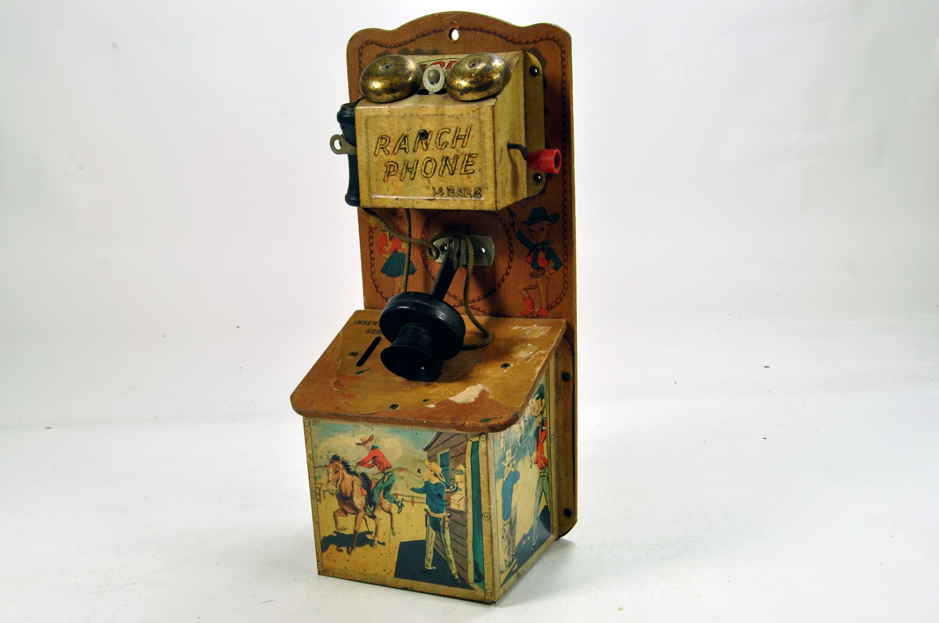 CODEG Original Issue Tin Ranch Phone Toy Mechanical Money Box. Some wear but still displays well.