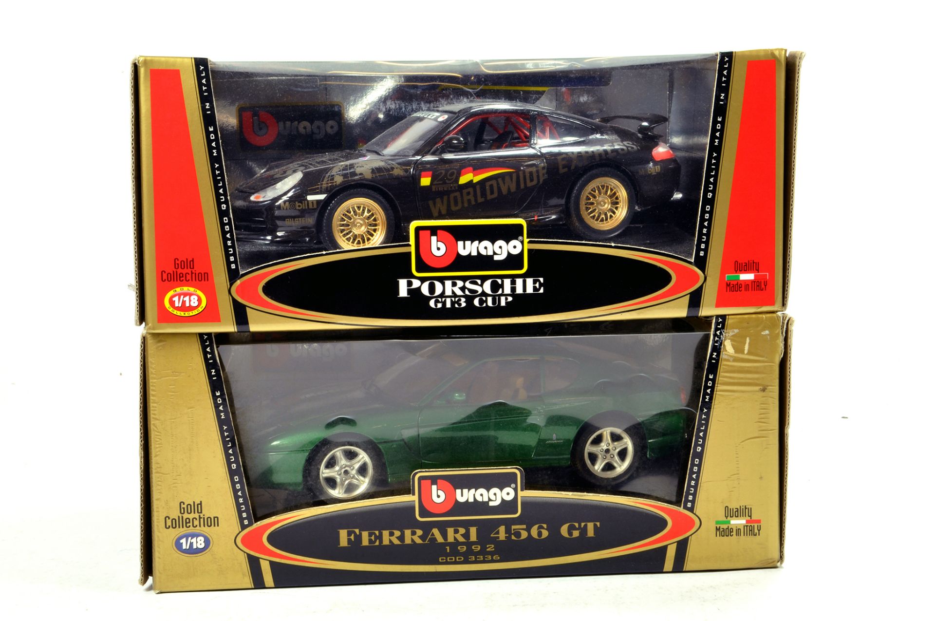 Burago 1/18 diecast duo comprising Porsche GT3 plus Ferrari 456 GT issues. E to NM in Boxes. (2)