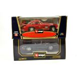 Burago 1/18 diecast duo comprising Mercedes Benz SL plus Jaguar E Type issues. E to NM in Boxes. (