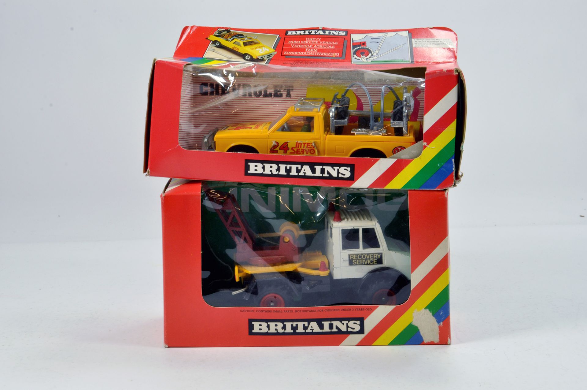 Britains 1/32 Farm issues comprising Chevrolet Pickup and MB Unimog. Generally VG to E in F