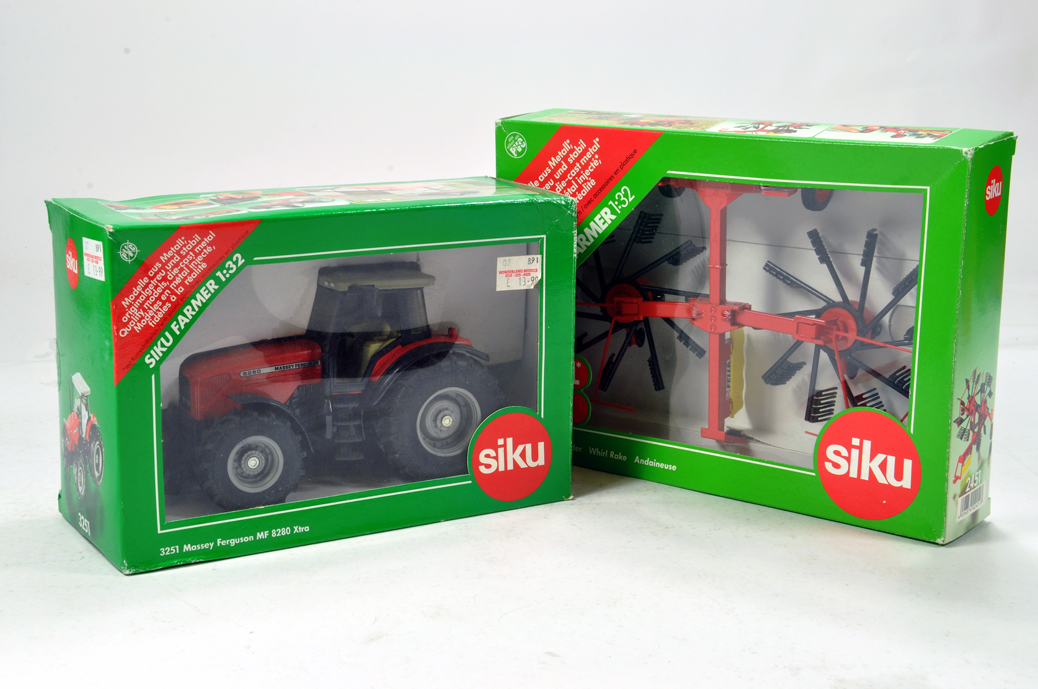 Siku 1/32 Farm Duo comprising Massey Ferguson Tractor and Whirl Take. NM in Boxes. (2)