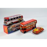Group of tin plate toys comprising duo of bus issues plus Fire Car. (3)