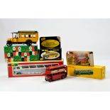 Misc group of various bus toys and models from various makers. Diapet, Lindberg, Dinky, Rio and