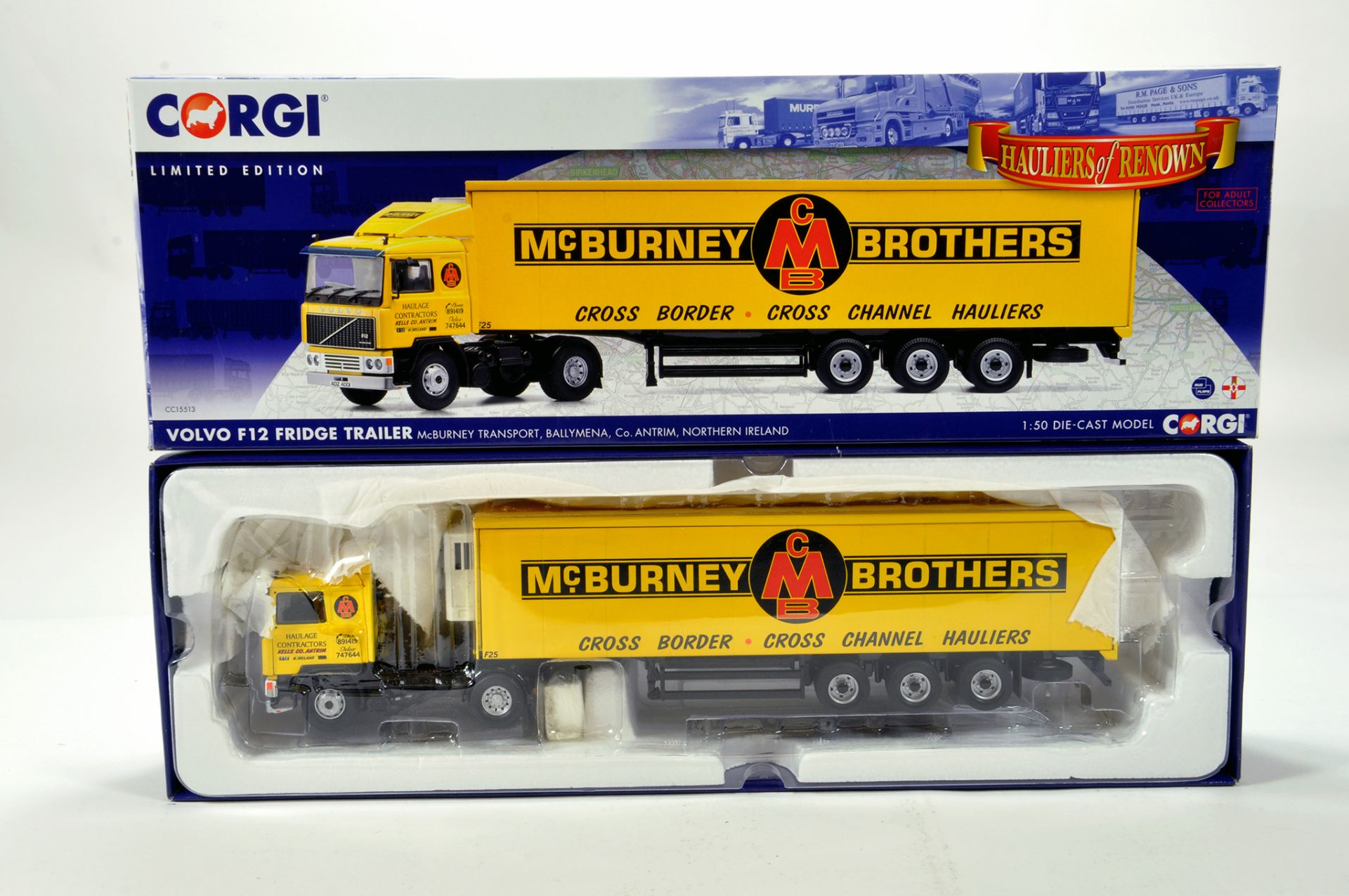 Corgi 1/50 diecast truck issue comprising No. CC15513 Volvo F12 Fridge Trailer in livery of