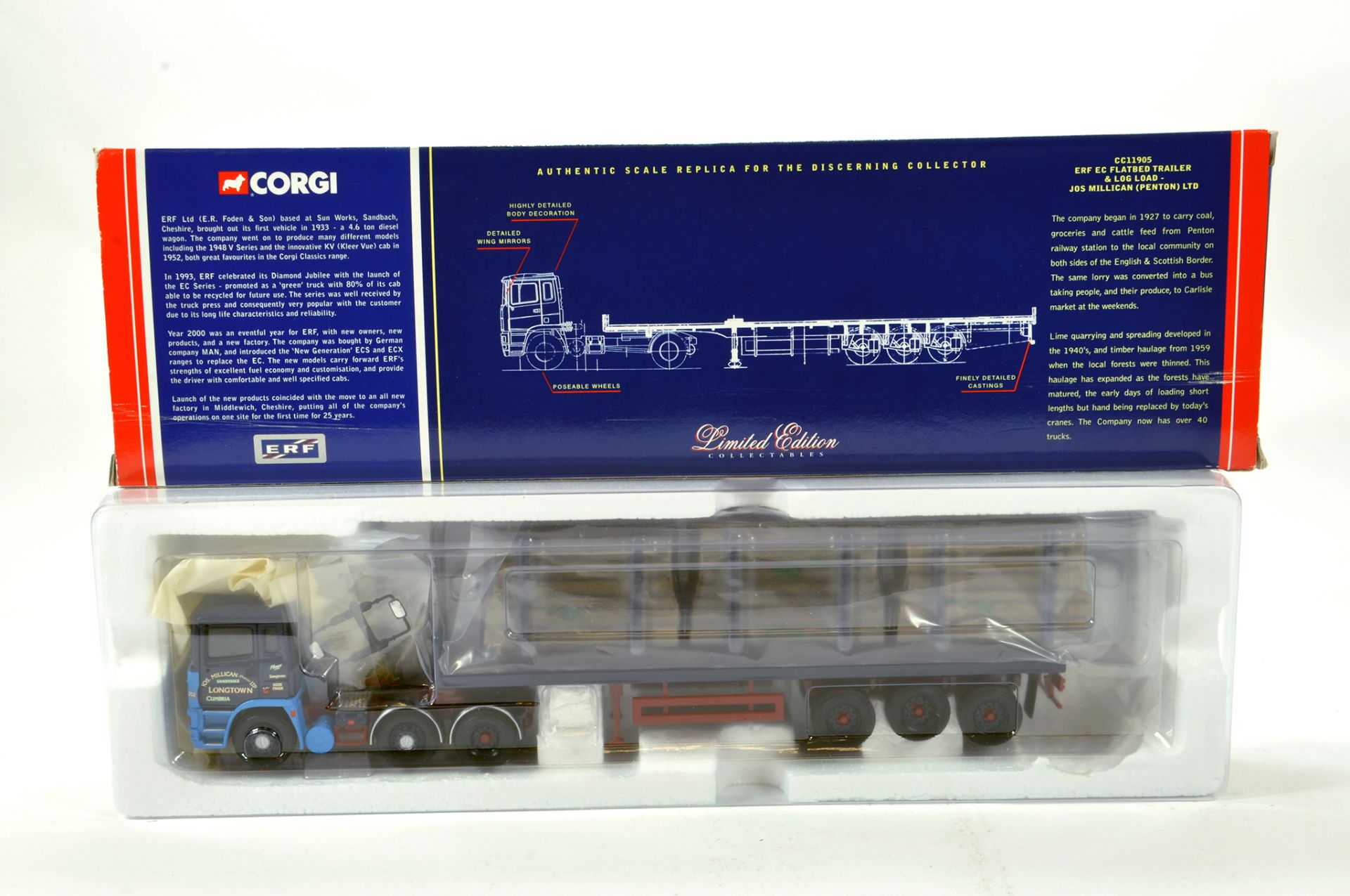 Corgi 1/50 diecast truck issue comprising No. CC11905 ERF EC Flatbed Trailer and Log Load in