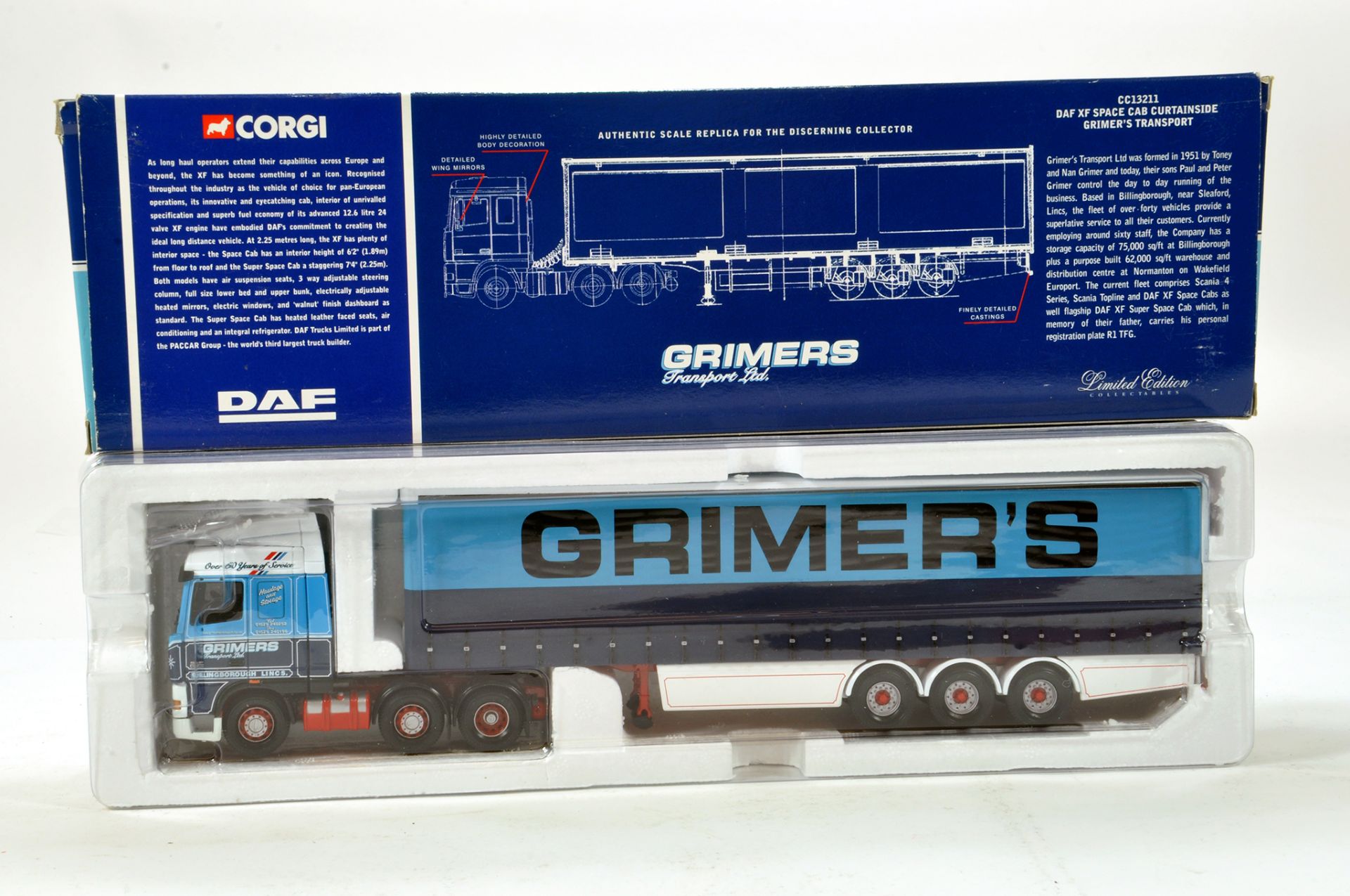 Corgi 1/50 diecast truck issue comprising No. CC13211 DAF XF Curtainside in livery of Grimers