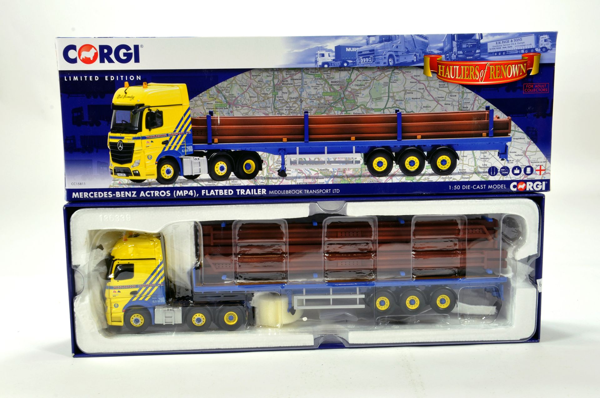 Corgi 1/50 diecast truck issue comprising No. CC15811 Mercedes Benz Actros Flatbed Trailer in livery