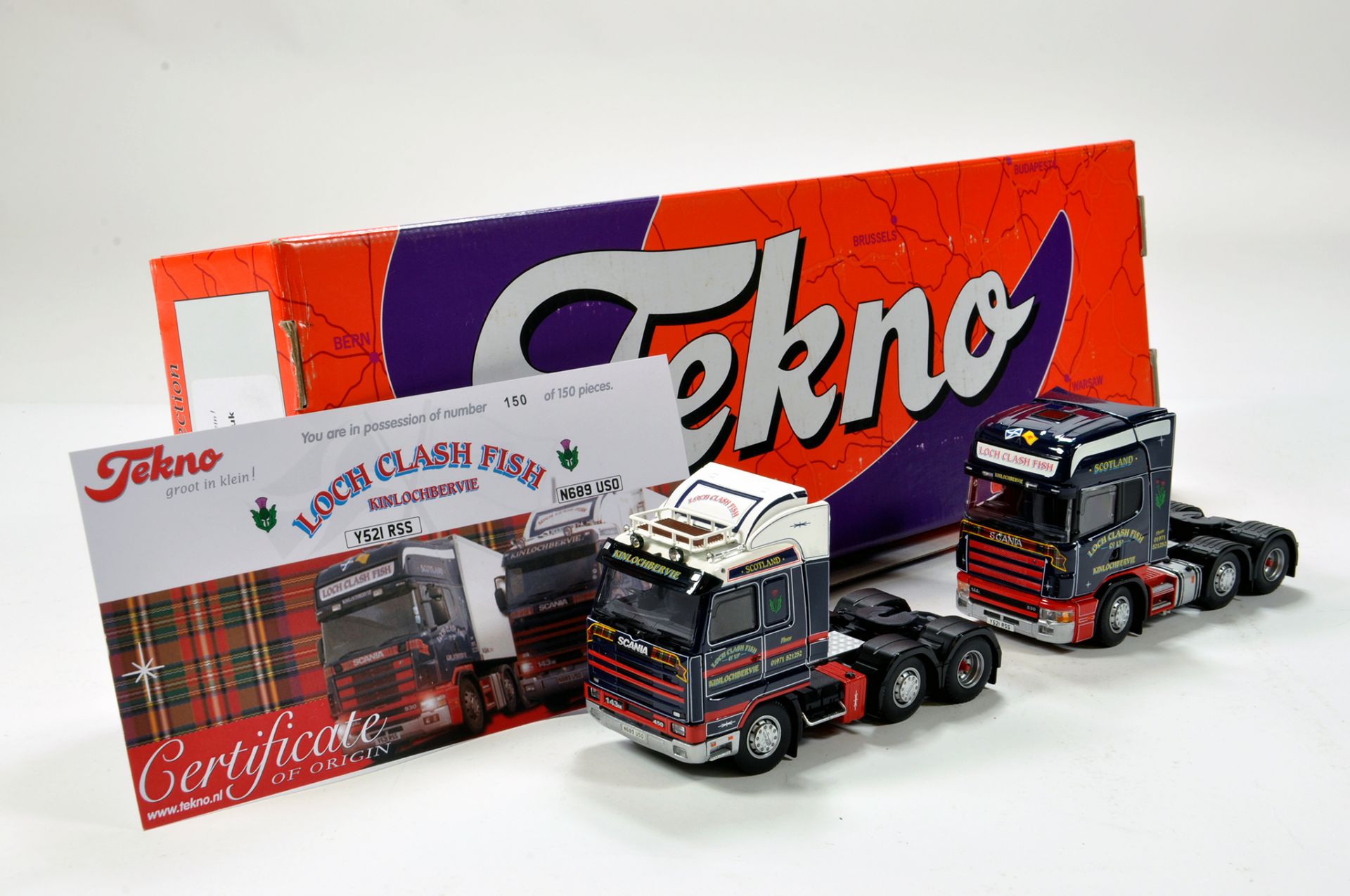 Tekno 1/50 diecast truck issue comprising Scania Presentation Set in livery of Loch Clash Fish. E to