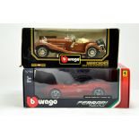 Burago 1/18 diecast duo comprising Mercedes Benz 500K Roadster and Ferrari. Generally E to NM in