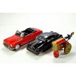 Tin Plate trio comprising Convertible, Saloon and Tractor from Minster, Mettoy etc F to G. (3)