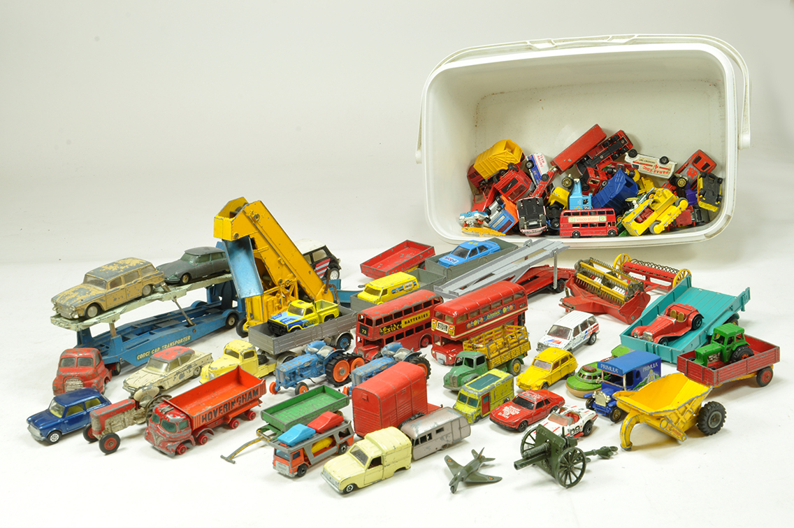 Assorted diecast, worn from various makers including Corgi, Matchbox, Spot-On and others.
