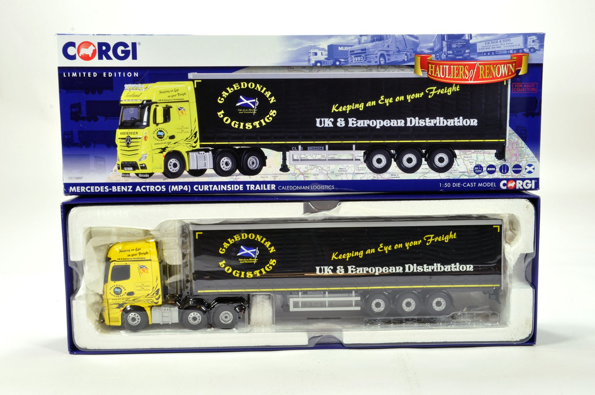 Corgi 1/50 diecast truck issue comprising No. CC15807 Mercedes Benz Actros Curtainside in livery