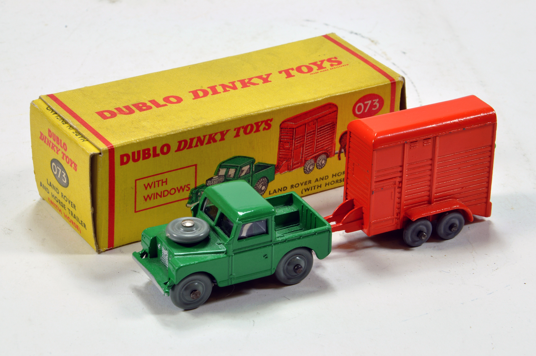 Dinky Dublo No. 073 Land Rover in green with smooth grey plastic wheels plus orange Horsebox with