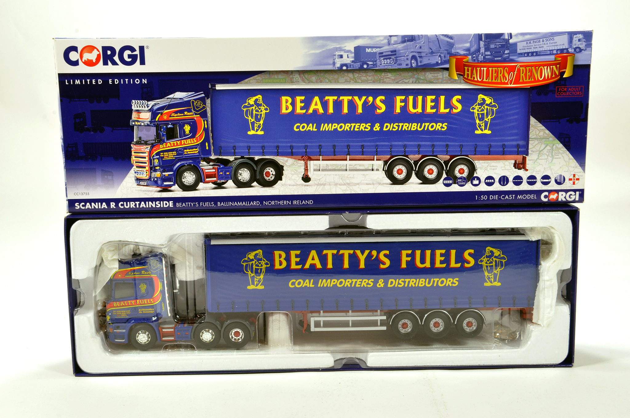 Corgi 1/50 diecast truck issue comprising No. CC13755 Scania R Curtainside in livery of Beatty's