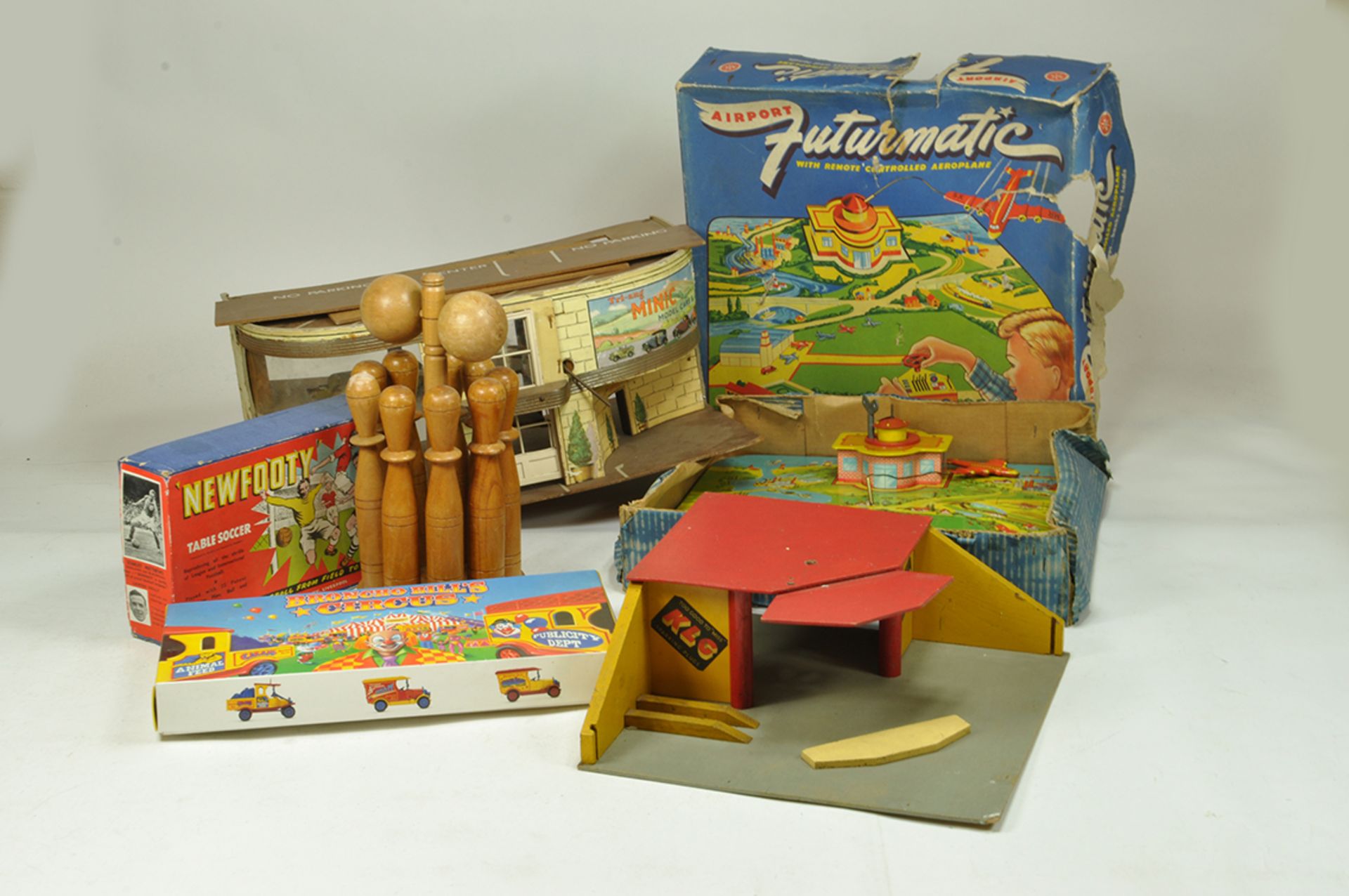 Old Toy and Game group including Triang Minic Garage plus Tin Plate Aircraft issue. F.