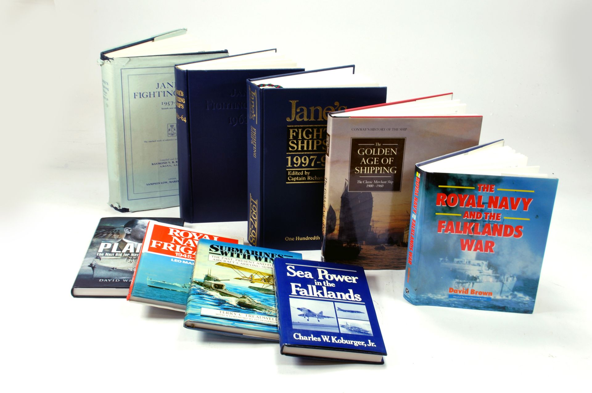 An interesting group of Military / Navy theme non fiction literature / reference books. Janes