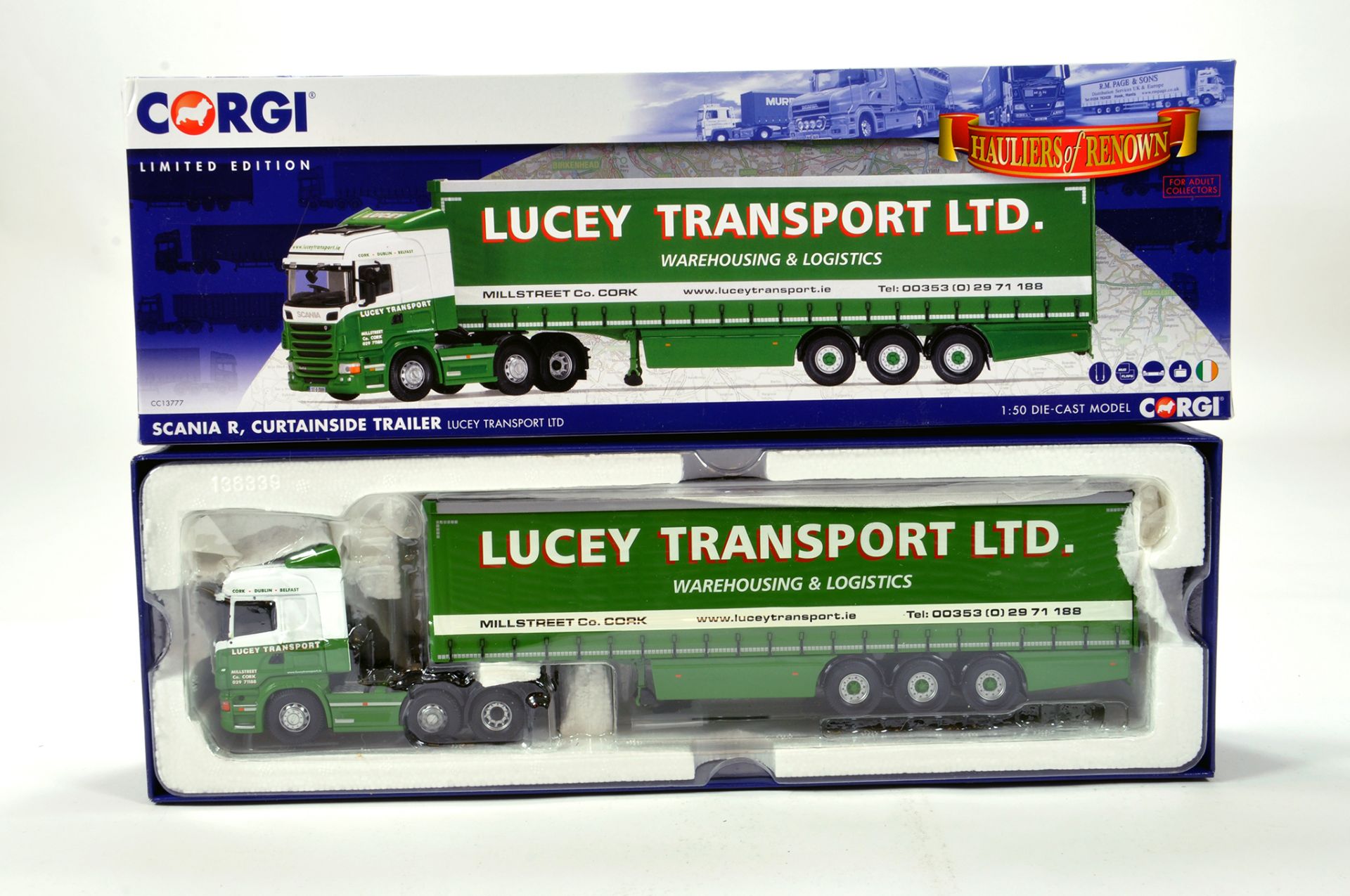 Corgi 1/50 diecast truck issue comprising No. CC13777 Scania R Curtainside Trailer in livery of