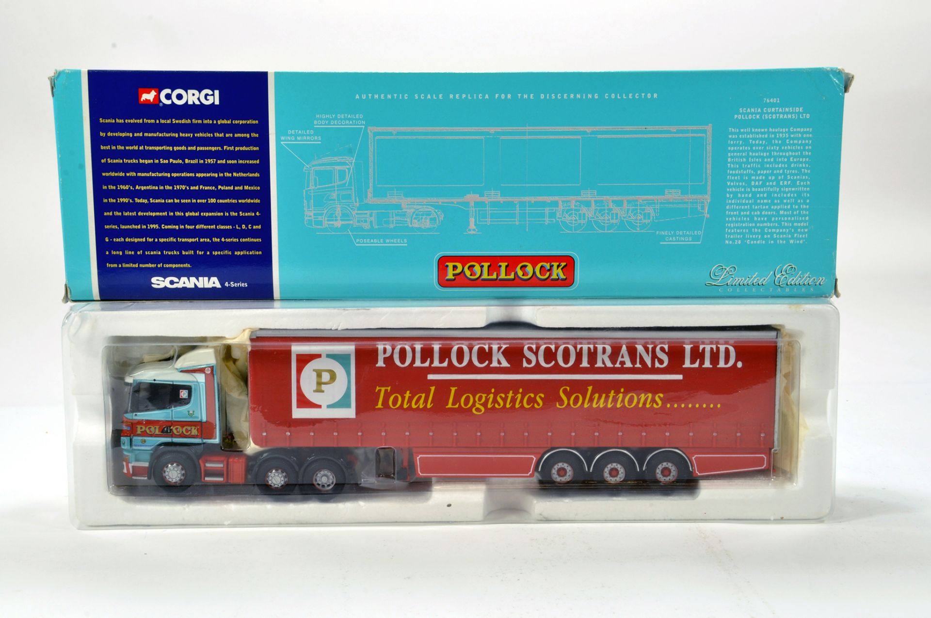 Corgi 1/50 diecast truck issue comprising No. 76401 Scania Curtainside in livery of Pollock. E to NM