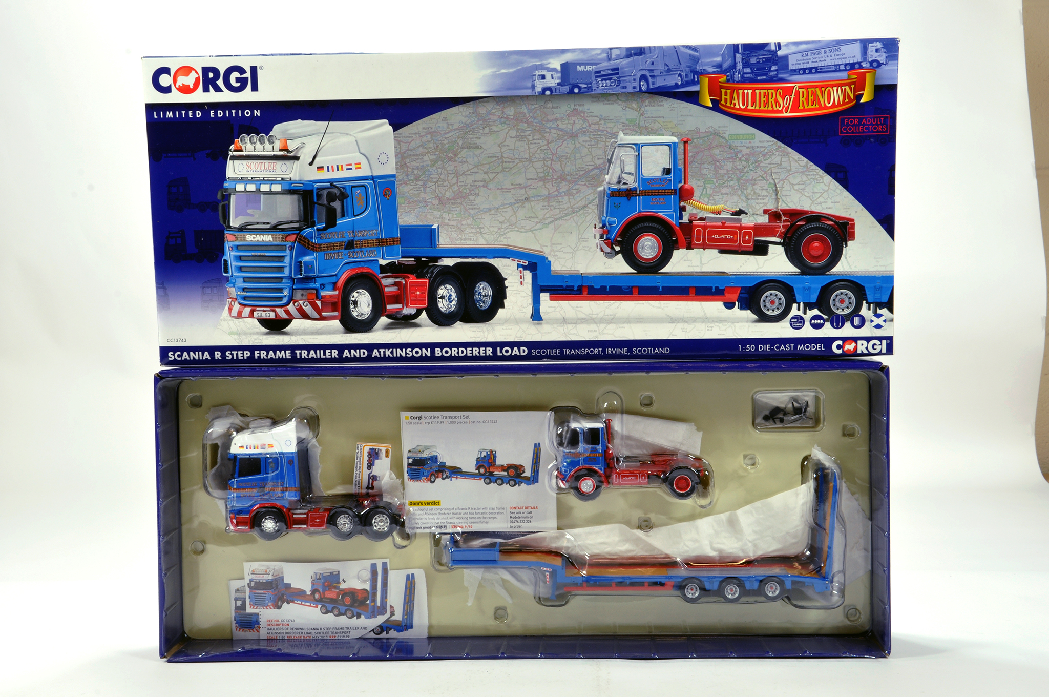 Corgi 1/50 diecast truck issue comprising No. CC13743 Scania R Stepframe Trailer and Atkinson