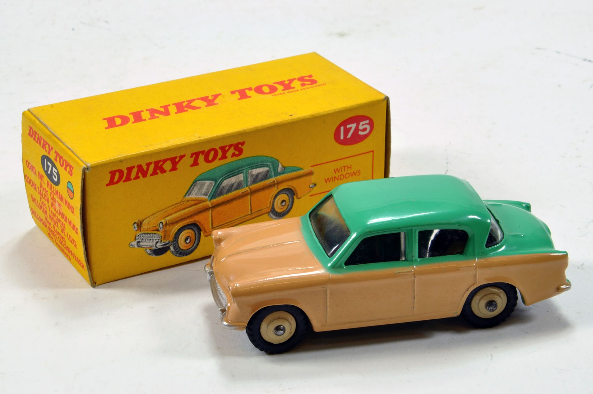 Dinky No. 175 Hillman Minx Saloon in two-tone beige and turquoise with silver trim and beige