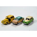 Trio of playworn Dinky diecast comprising Taxi, Hillman Minx and one other. Generally F. (3)