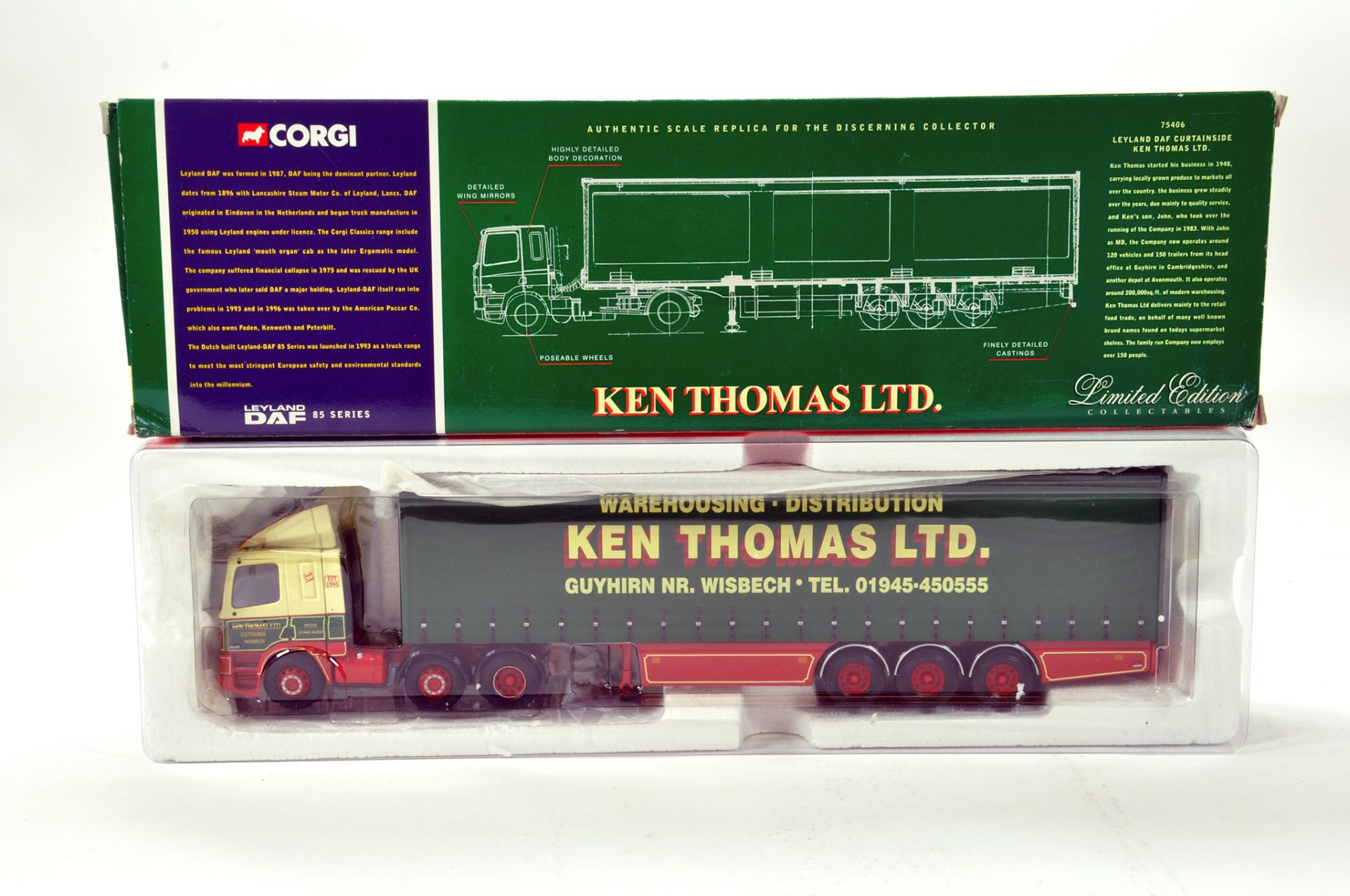 Corgi 1/50 diecast truck issue comprising No. 75406 Leyland DAF Curtainside in livery of Ken Thomas.