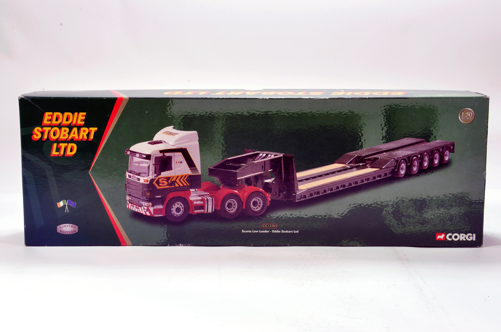 Corgi 1/50 diecast truck issue comprising No. CC12203 Scania Low Loader in livery of Eddie