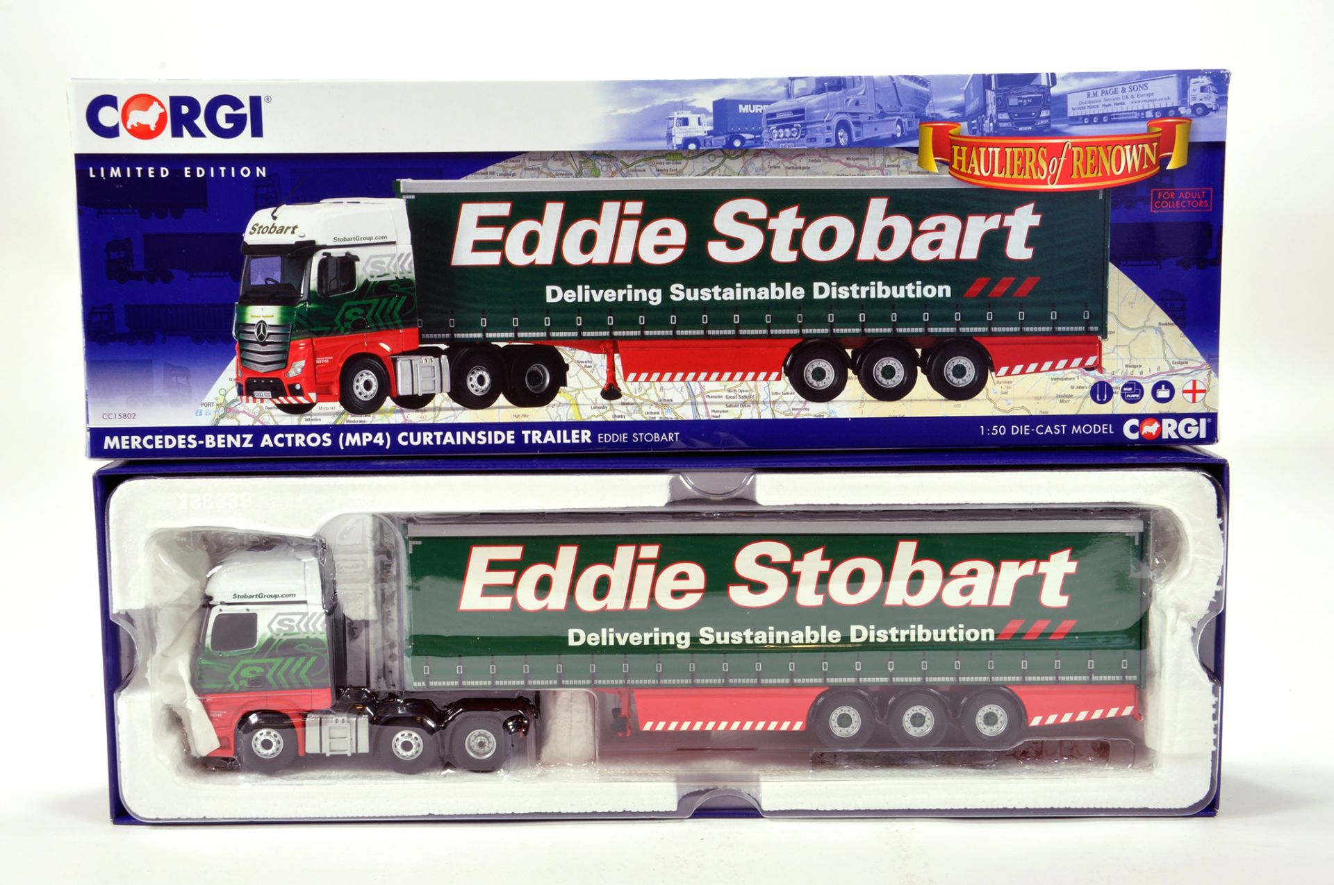 Corgi 1/50 diecast truck issue comprising No. CC15802 Mercedes Actros Curtainside Trailer in