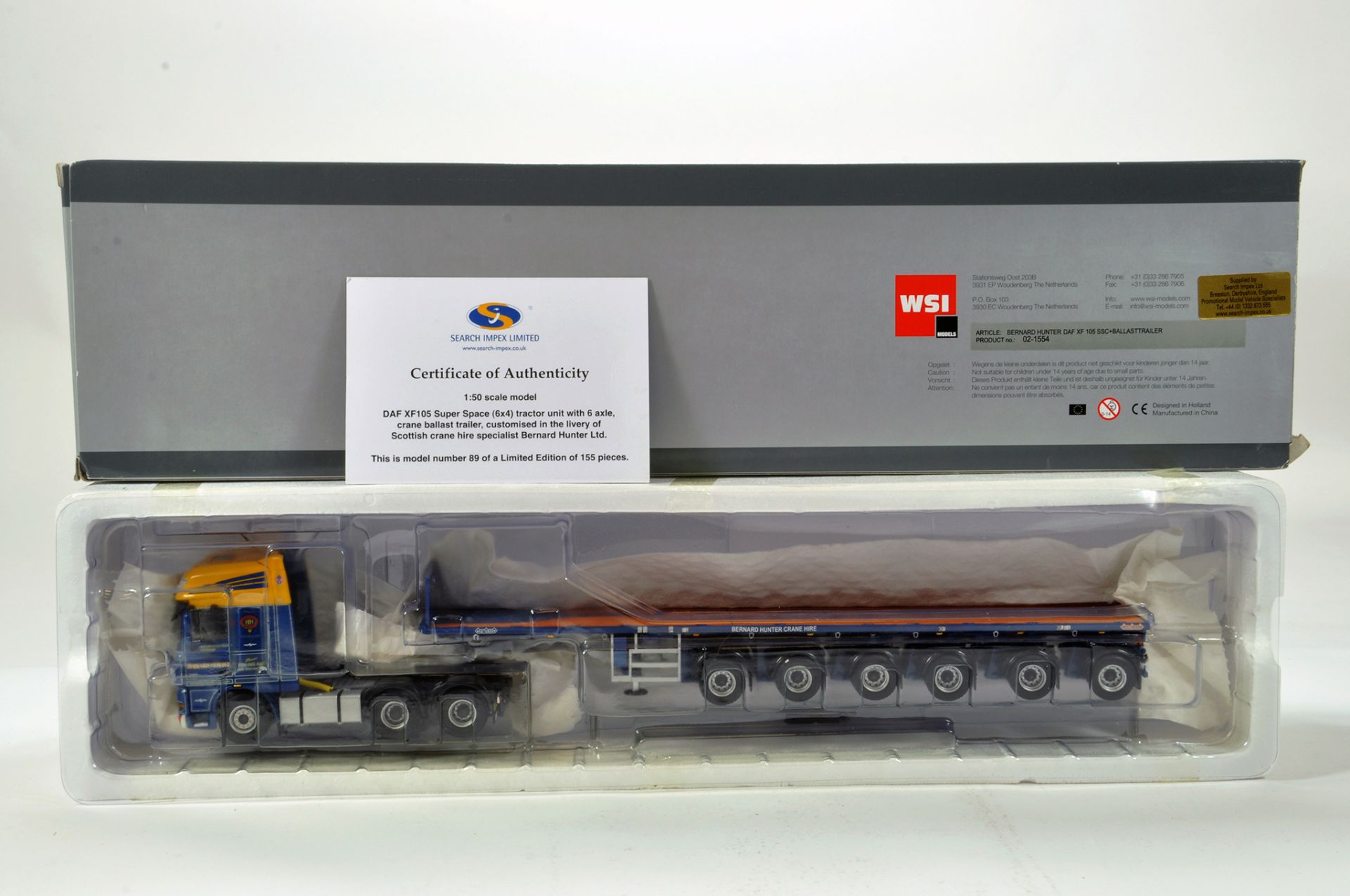 WSI 1/50 diecast precision truck issue comprising DAF XF105 with Ballast Trailer in livery of