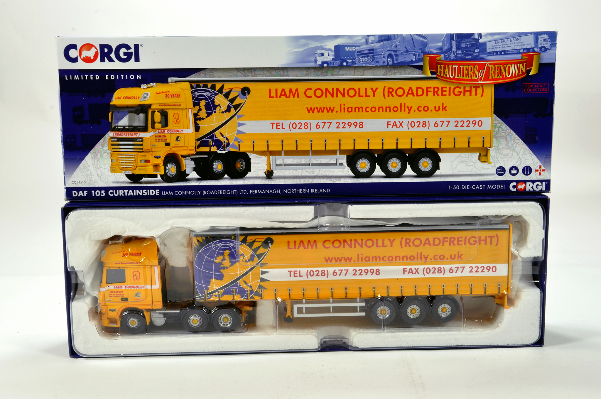 Corgi 1/50 diecast truck issue comprising No. CC14115 DAF 105 Curtainside in livery of Liam