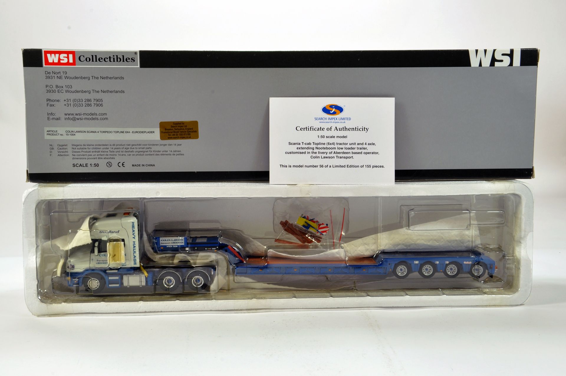 WSI 1/50 diecast precision truck issue comprising Scania T Cab with Nooteboom Low Loader in livery