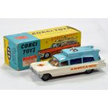 Corgi No. 437 Superior Ambulance in two-tone white / blue and silver trim. Generally VG in G Box.