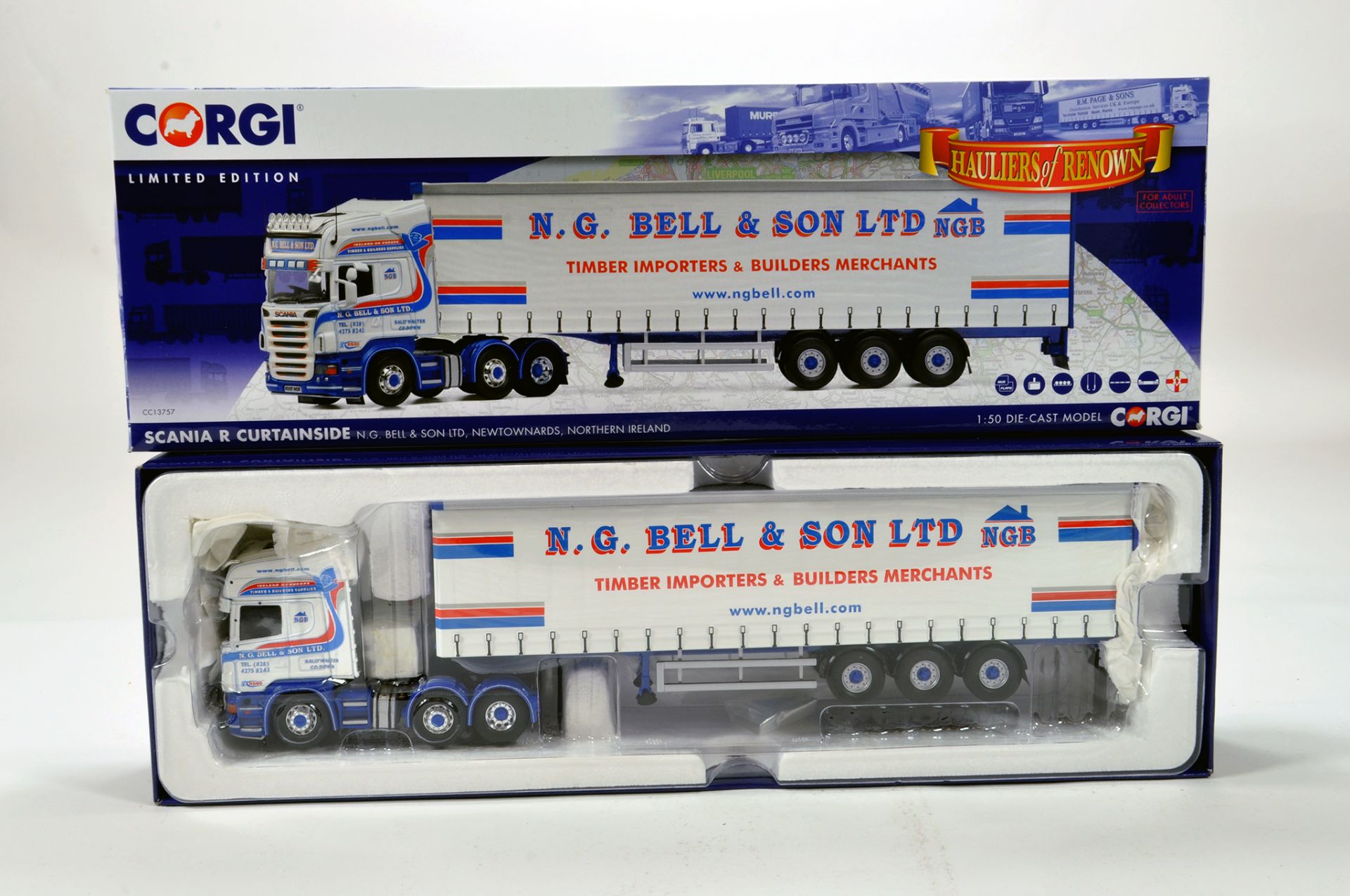 Corgi 1/50 diecast truck issue comprising No. CC13757 Scania R Curtainside in livery of NG Bell &