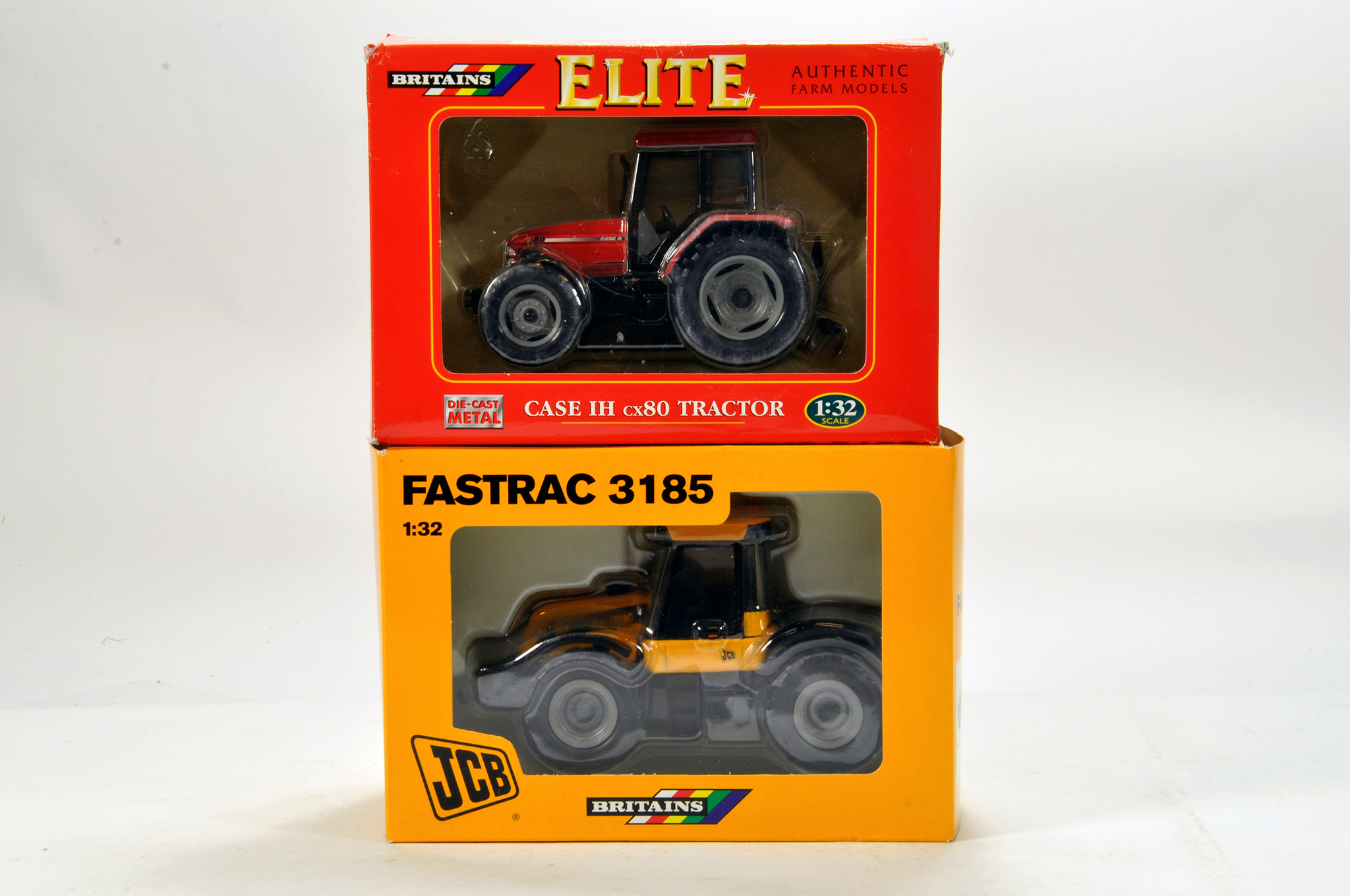 Britains 1/32 Farm issues comprising JCB Fastrac 3185 and Case CX80 Tractor. NM in Boxes. (2)